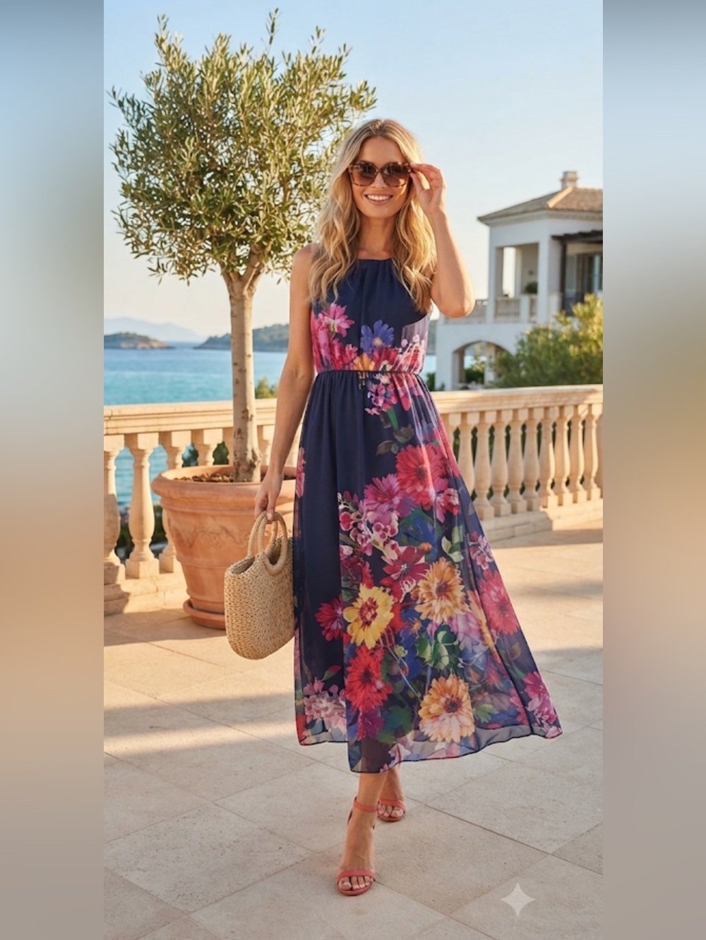 New London Times Keyhole Vibrant Floral Maxi Dress - Navy and Multicolor